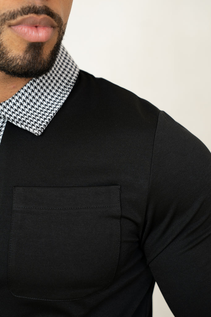 Houndstooth Mercerised Long Sleeve Polo - Black