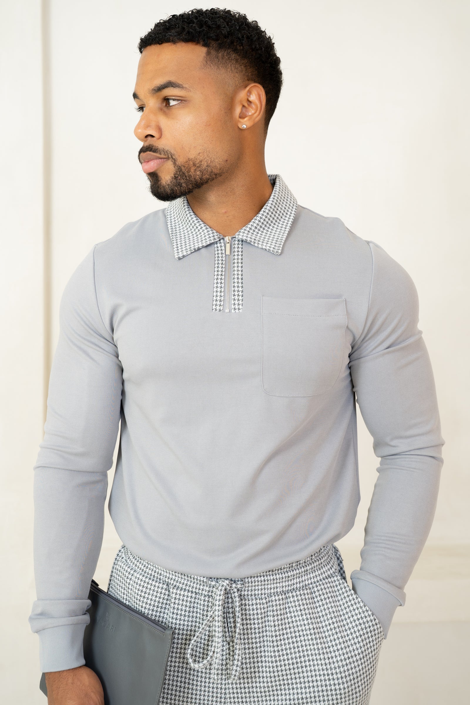 Houndstooth Mercerised Long Sleeve Polo - Grey