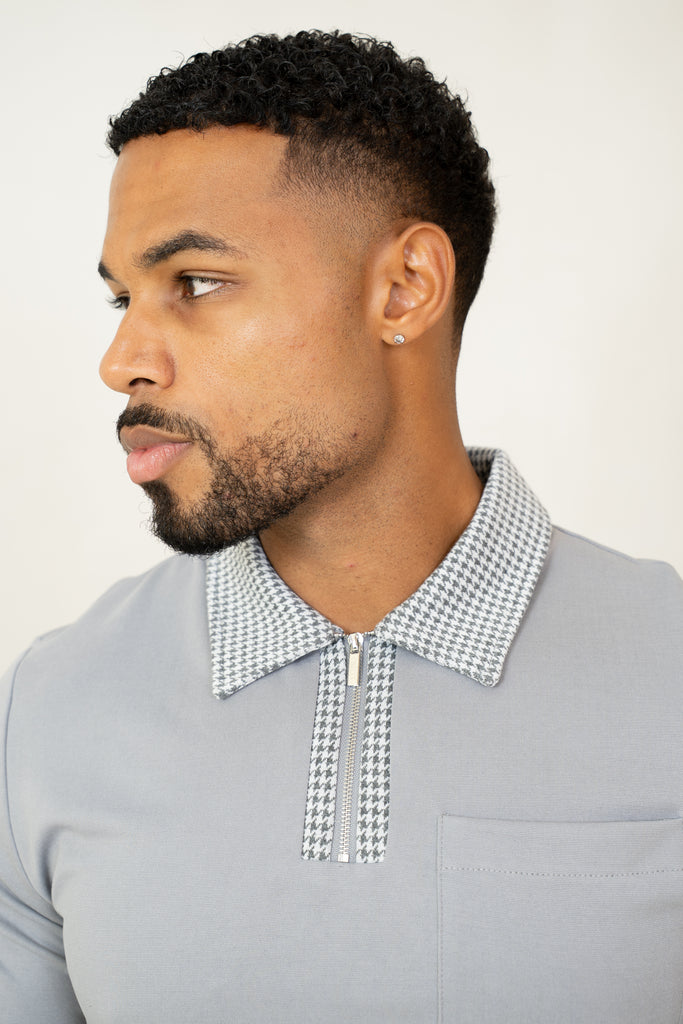 Houndstooth Mercerised Long Sleeve Polo - Grey
