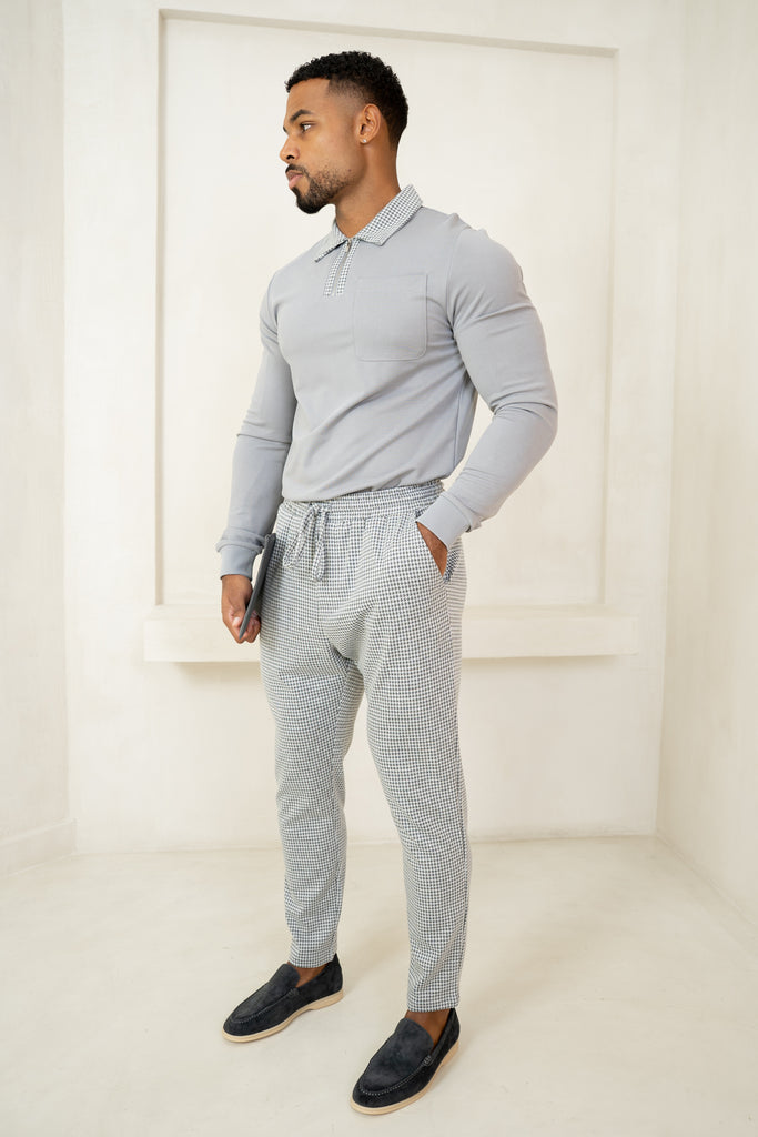 Houndstooth Mercerised Long Sleeve Polo - Grey