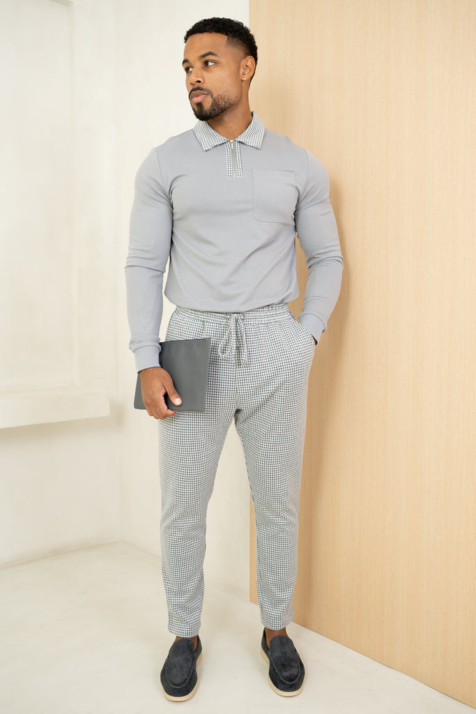 Houndstooth Mercerised Long Sleeve Polo - Grey