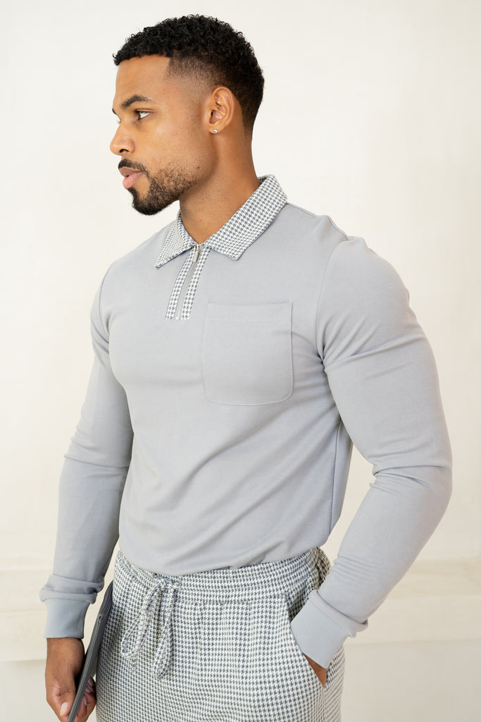 Houndstooth Mercerised Long Sleeve Polo - Grey
