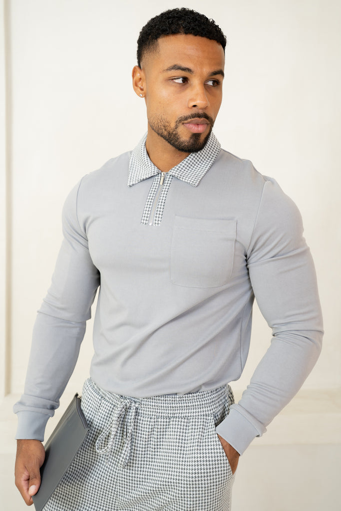 Houndstooth Mercerised Long Sleeve Polo - Grey