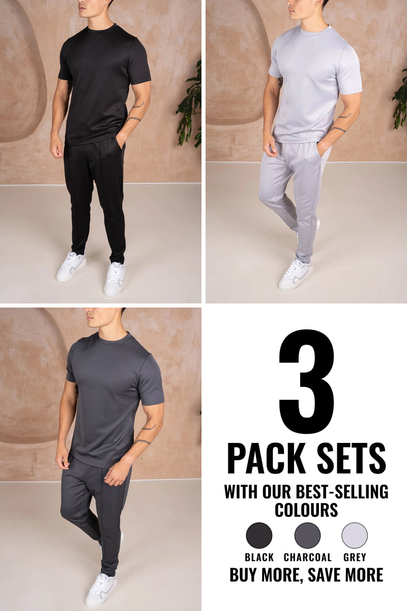 Scuba Slim Fit T-Shirt & Pintuck Joggers Set - 3 Pack (Black, Grey, Charcoal)