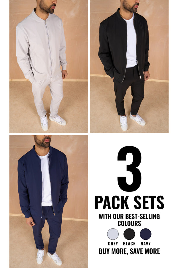 Premium Performance Bomber Jacket & Pants Full Set - 3 Colours (Black, Navy, Grey) - 3 Pack