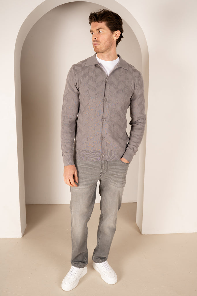 Textured Pattern Button Up Cardgian - Light Grey