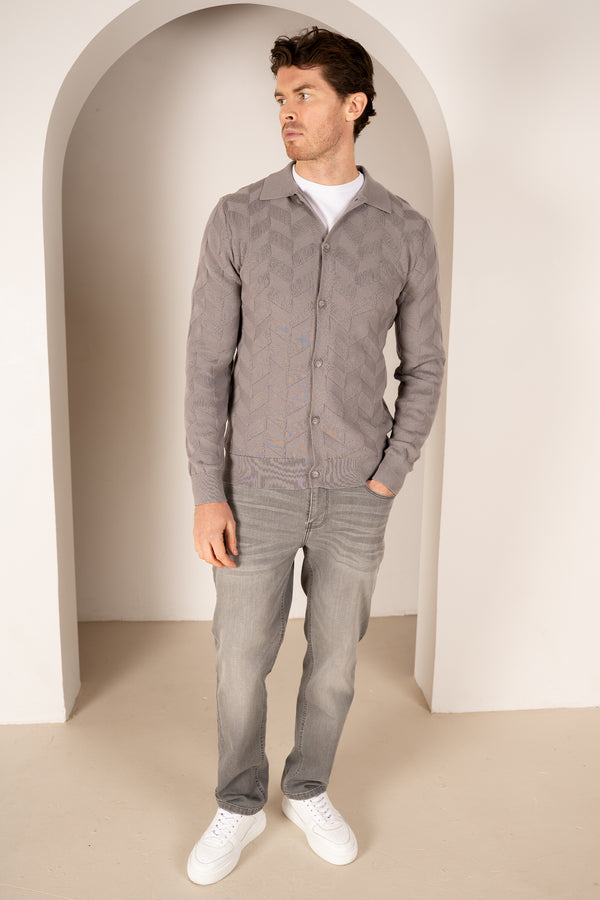 Textured Pattern Button Up Cardgian - Light Grey