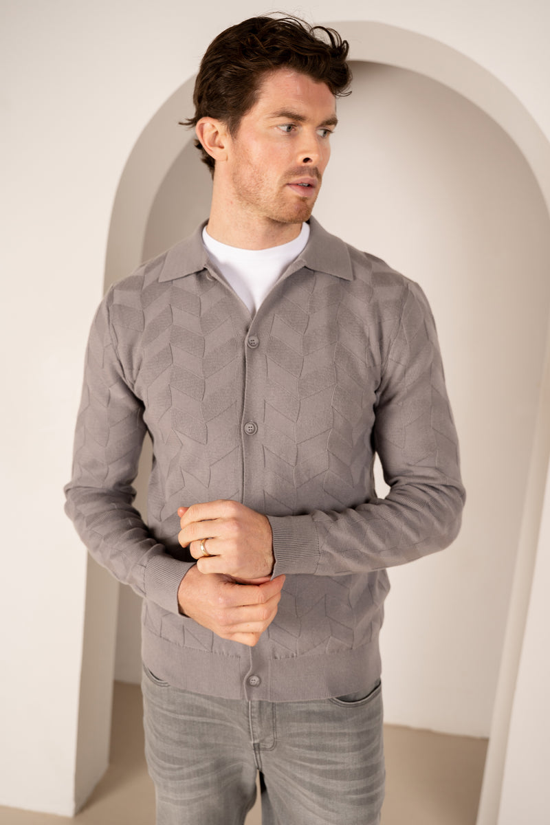 Textured Pattern Button Up Cardgian - Light Grey