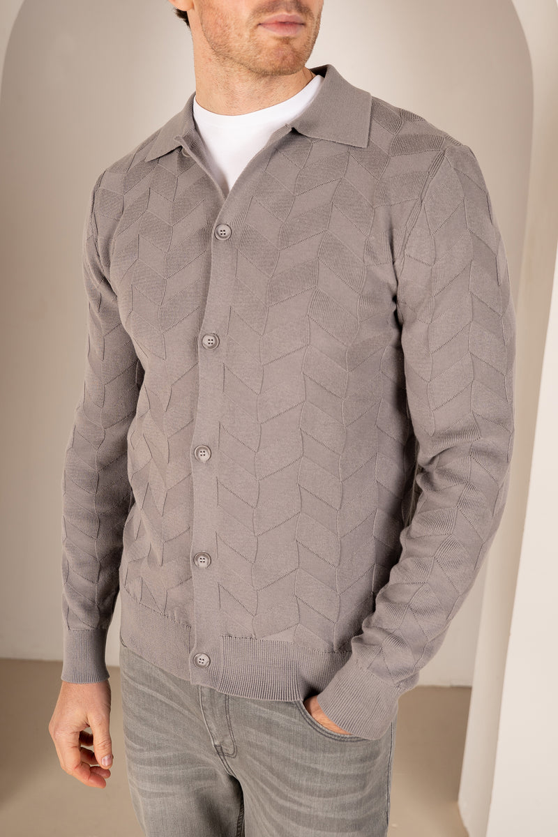 Textured Pattern Button Up Cardgian - Light Grey