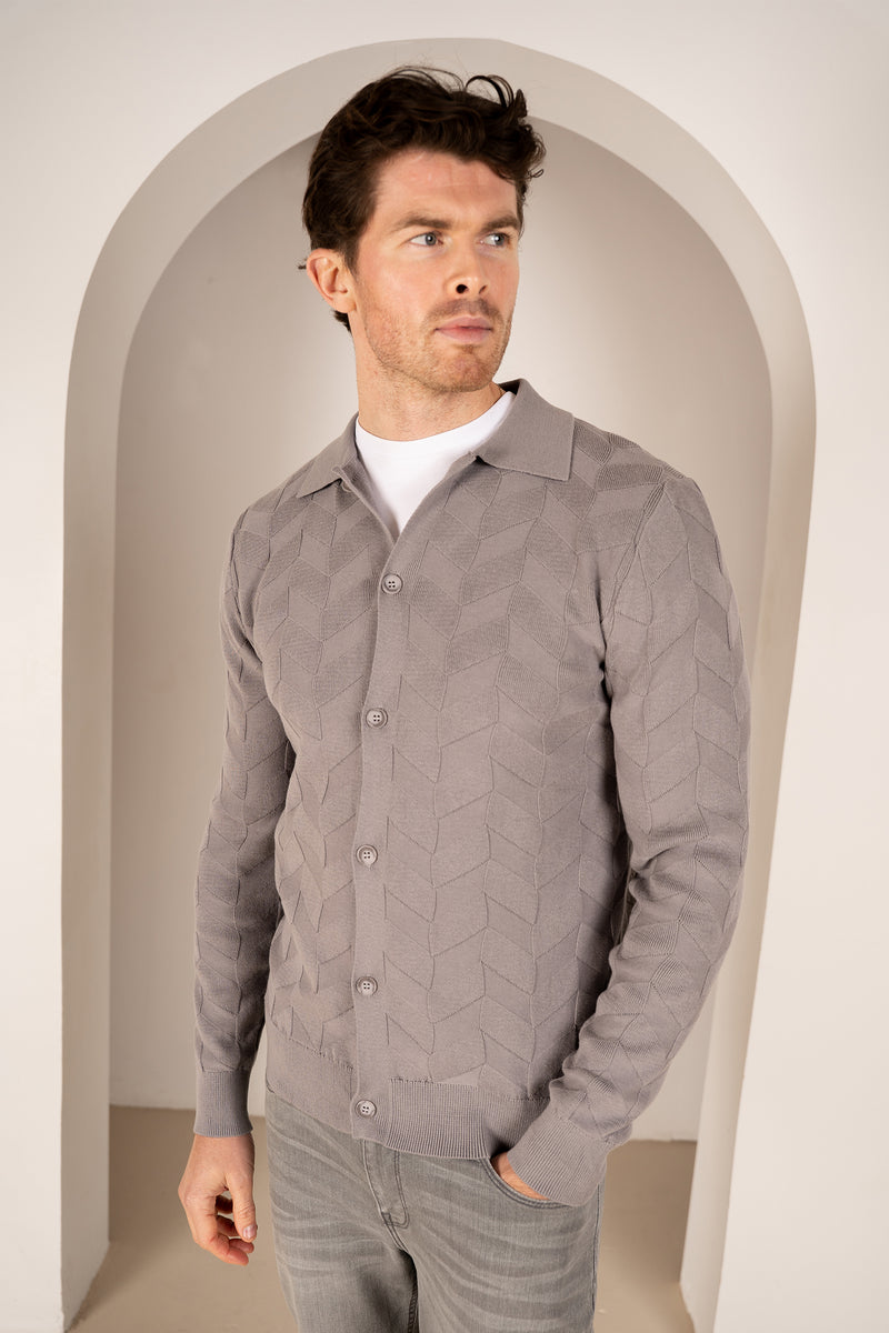 Textured Pattern Button Up Cardgian - Light Grey