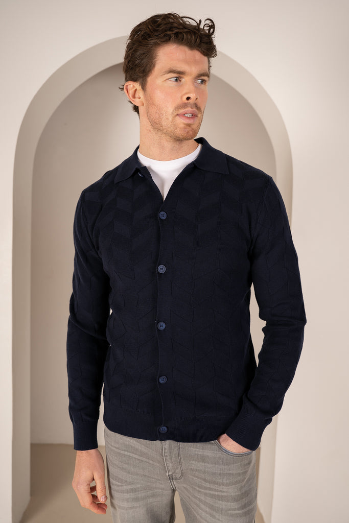 Textured Pattern Button Up Cardgian - Navy