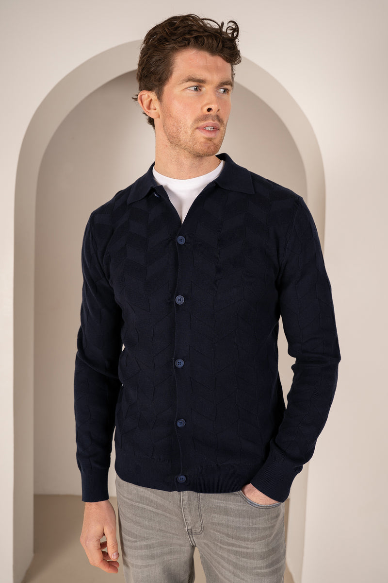 Textured Pattern Button Up Cardgian - Navy