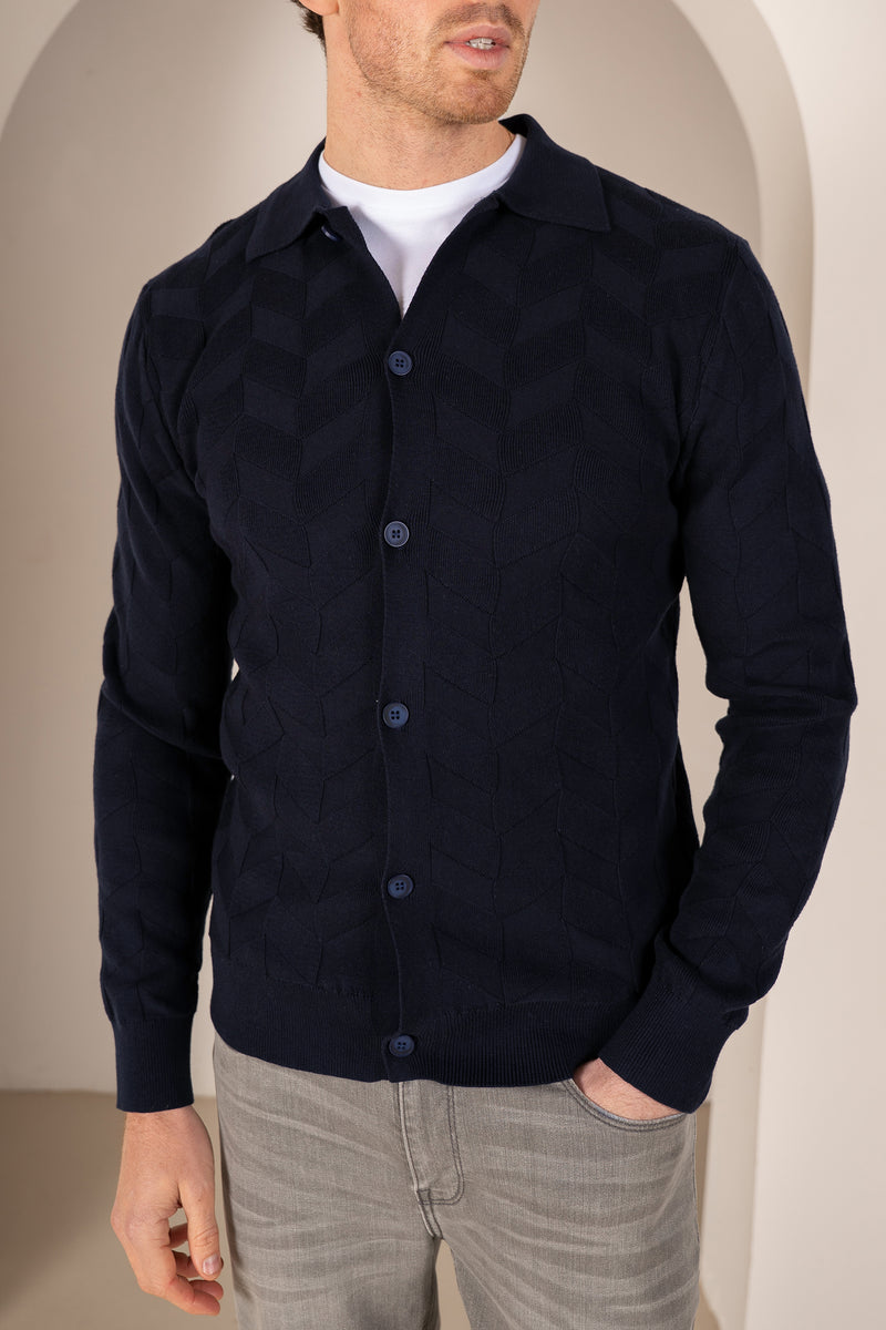 Textured Pattern Button Up Cardgian - Navy