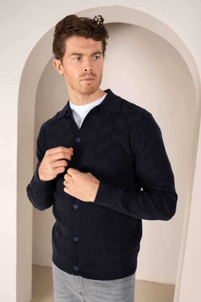 Textured Pattern Button Up Cardgian - Navy