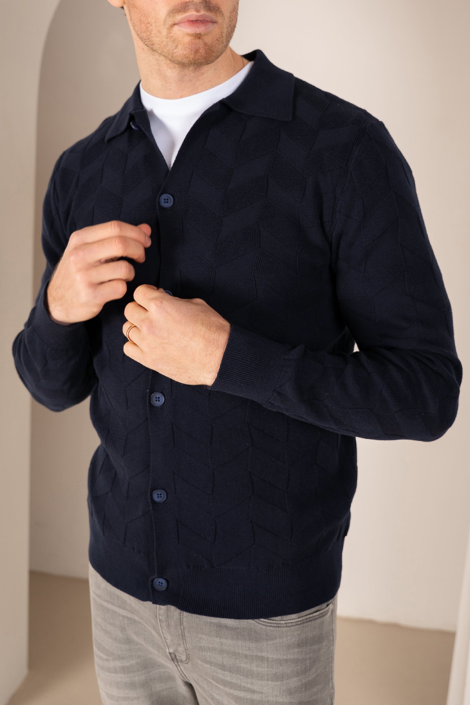 Textured Pattern Button Up Cardgian - Navy