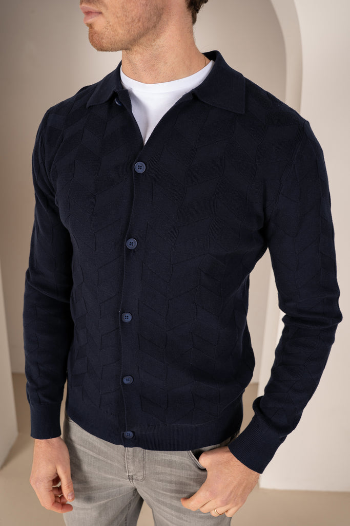 Textured Pattern Button Up Cardgian - Navy