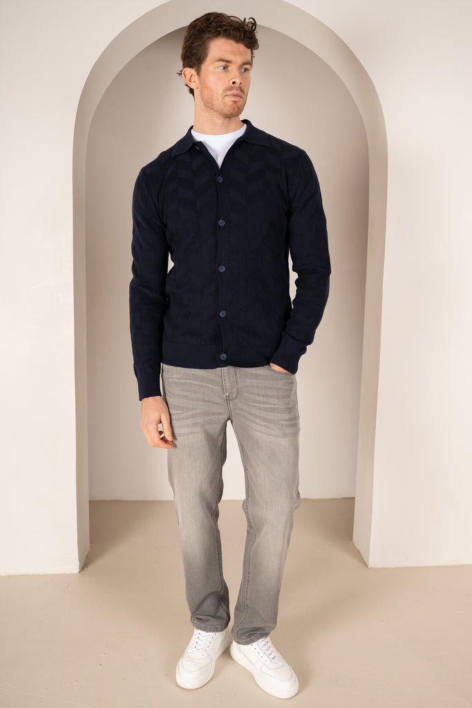 Textured Pattern Button Up Cardgian - Navy