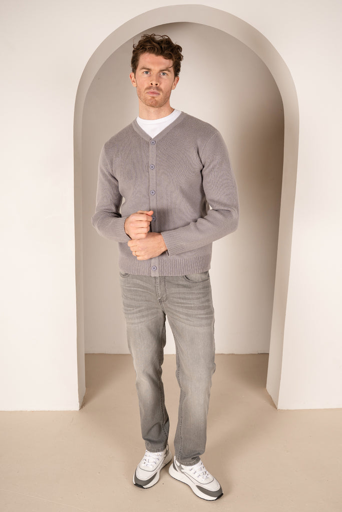 Y Neck Button Up Cardigan - Grey