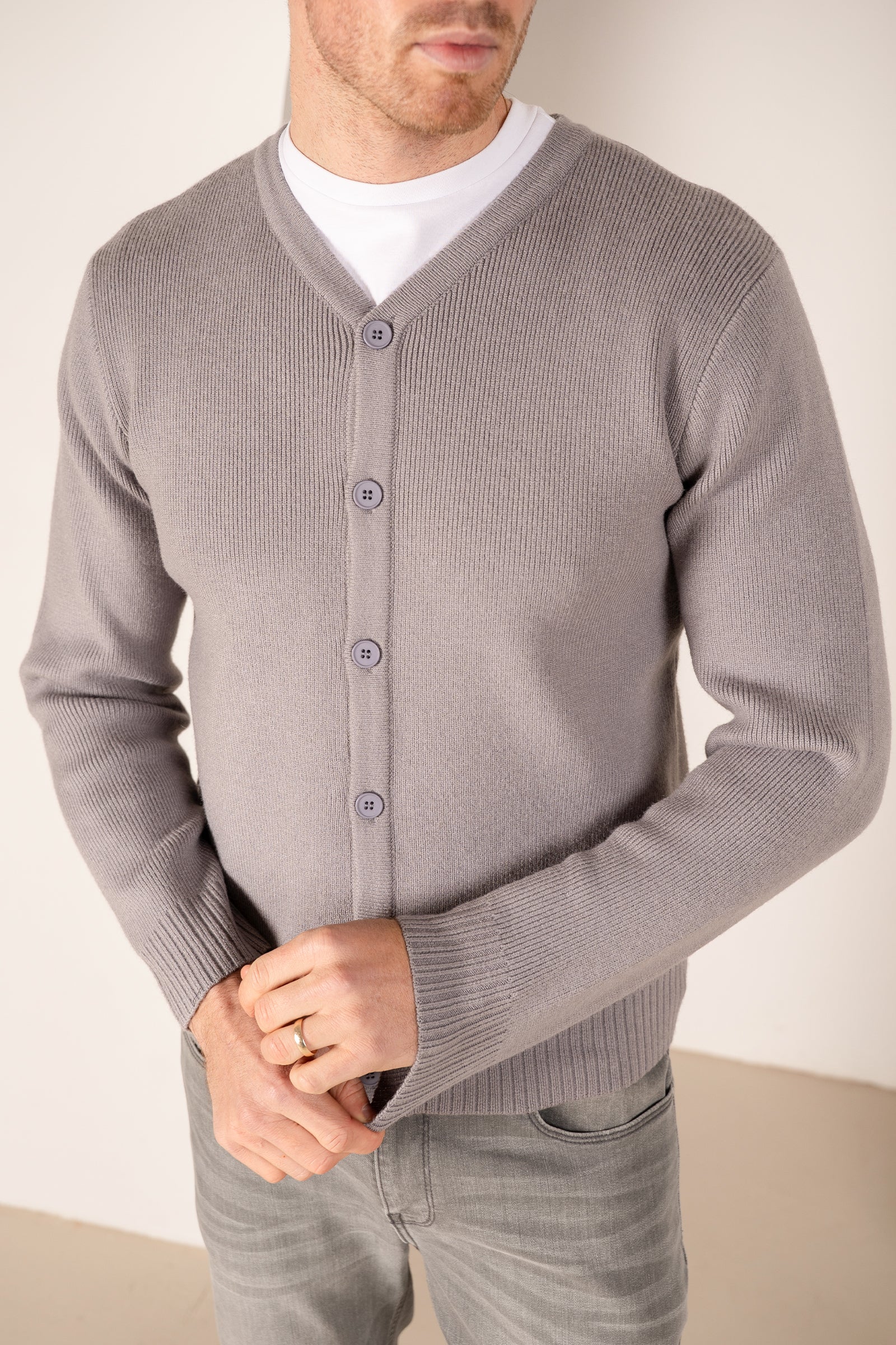 Y Neck Button Up Cardigan - Grey