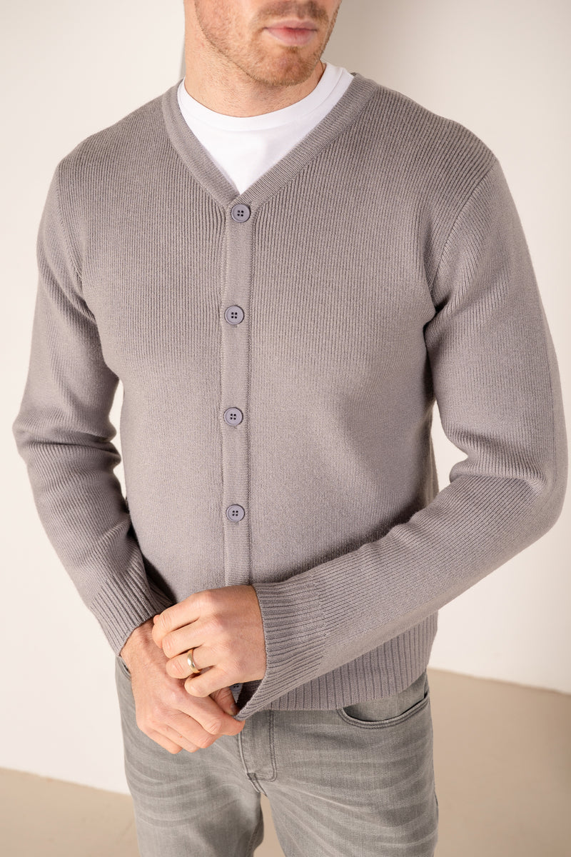 Y Neck Button Up Cardigan - Grey