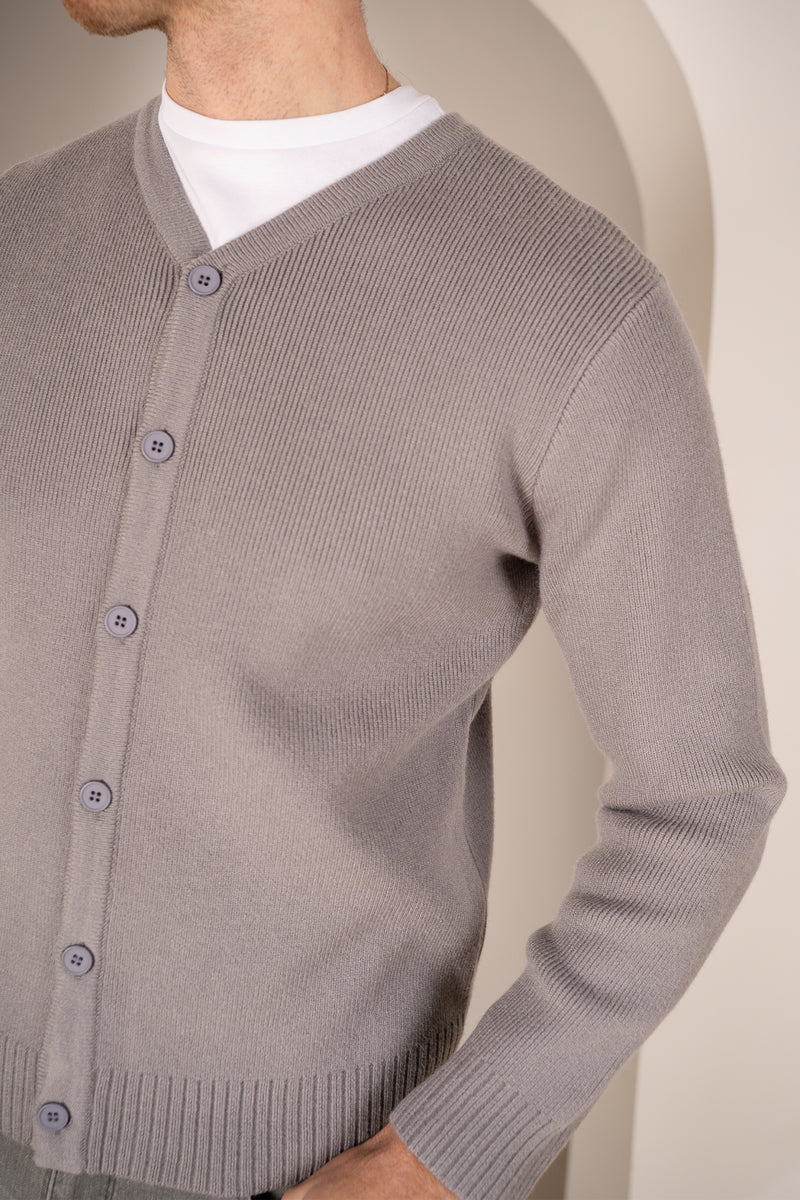 Y Neck Button Up Cardigan - Grey