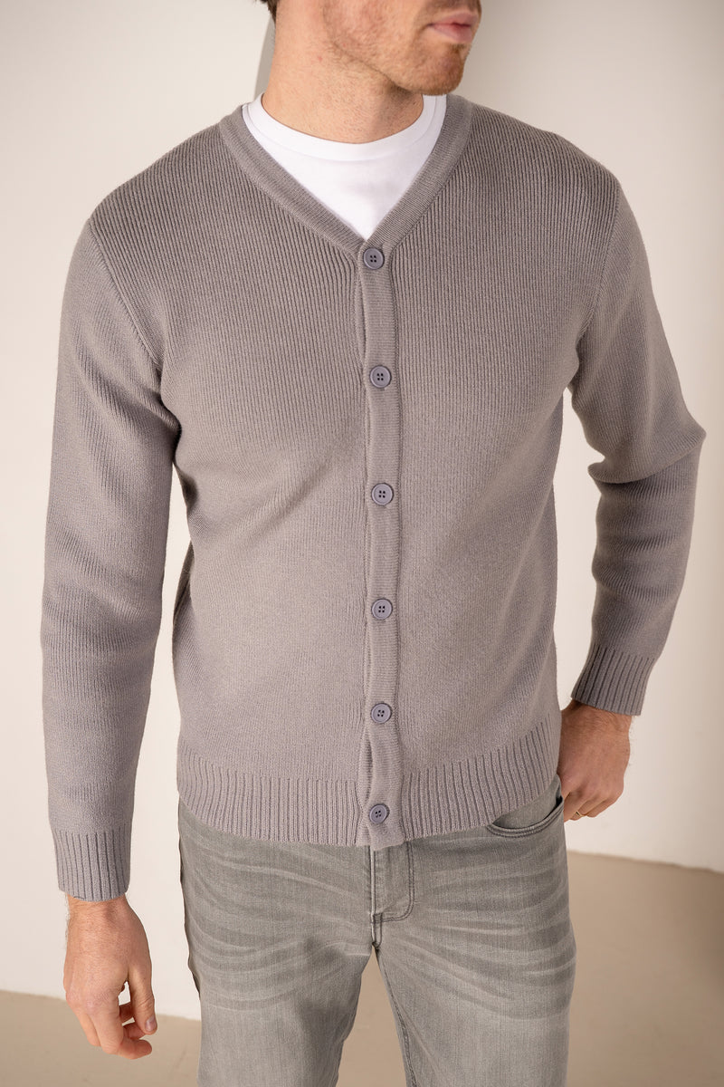 Y Neck Button Up Cardigan - Grey