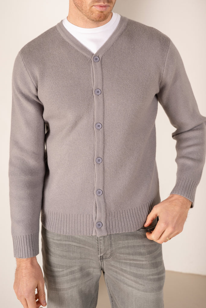 Y Neck Button Up Cardigan - Grey