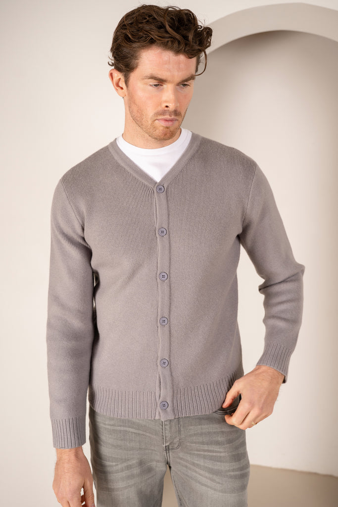 Y Neck Button Up Cardigan - Grey