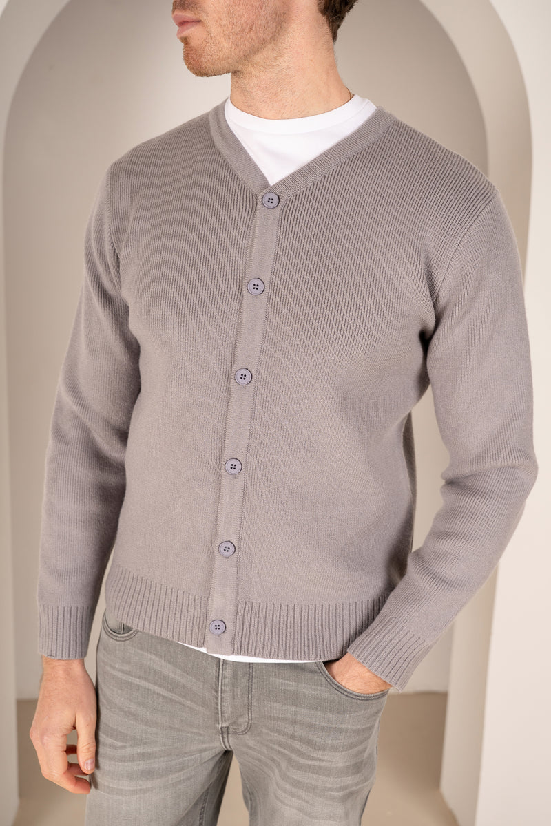 Y Neck Button Up Cardigan - Grey