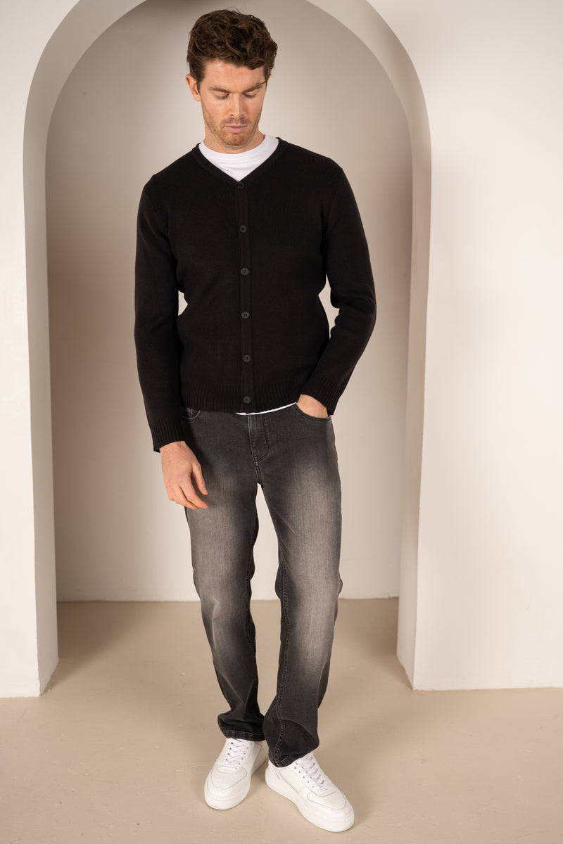 Y Neck Button Up Cardigan - Black