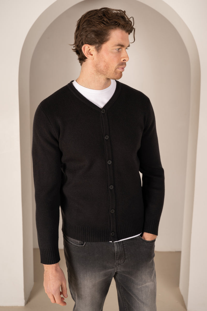 Y Neck Button Up Cardigan - Black