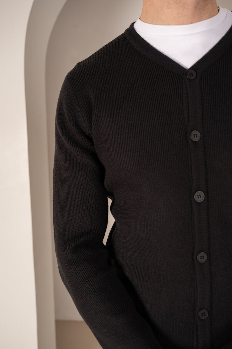 Y Neck Button Up Cardigan - Black