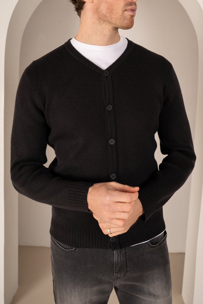 Y Neck Button Up Cardigan - Black