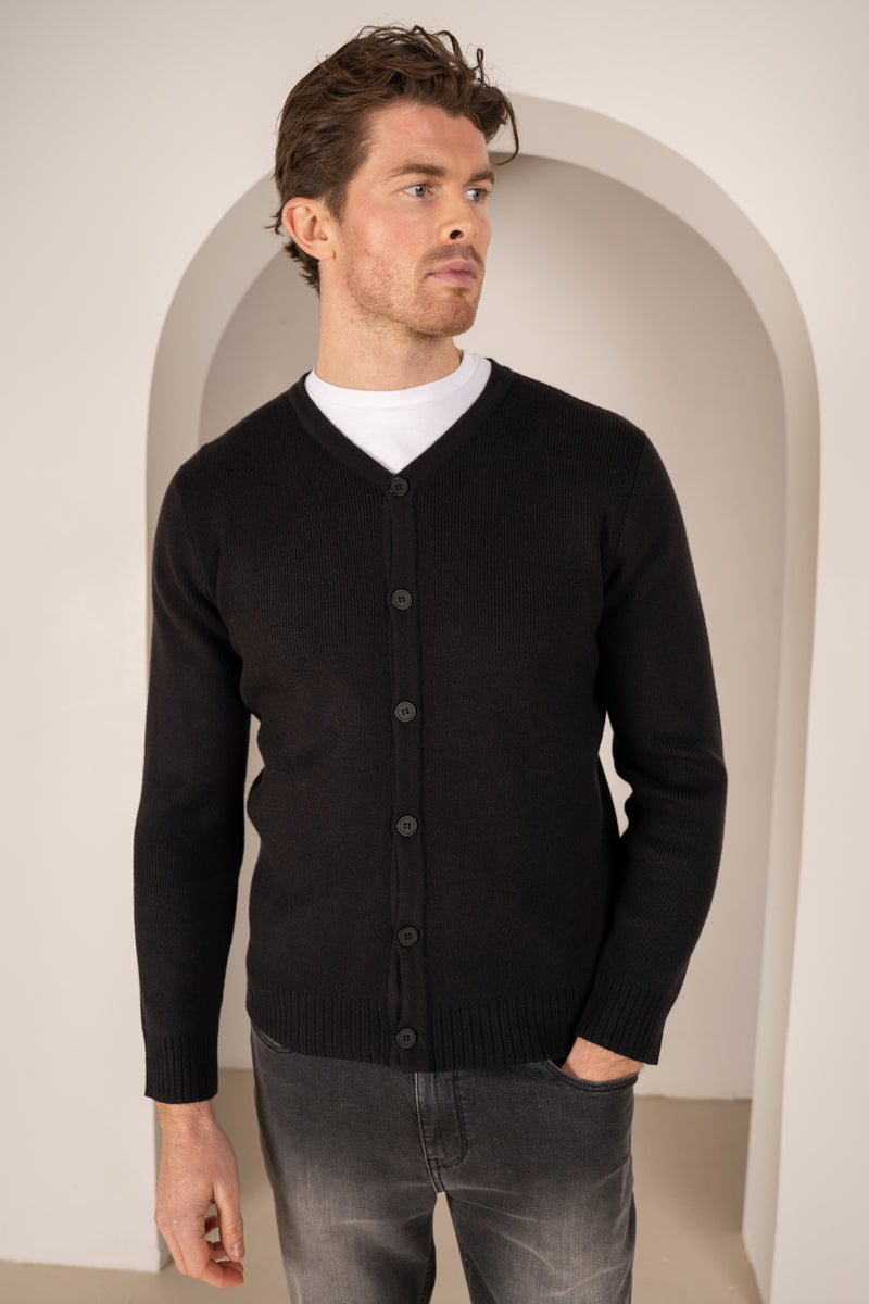 Y Neck Button Up Cardigan - Black