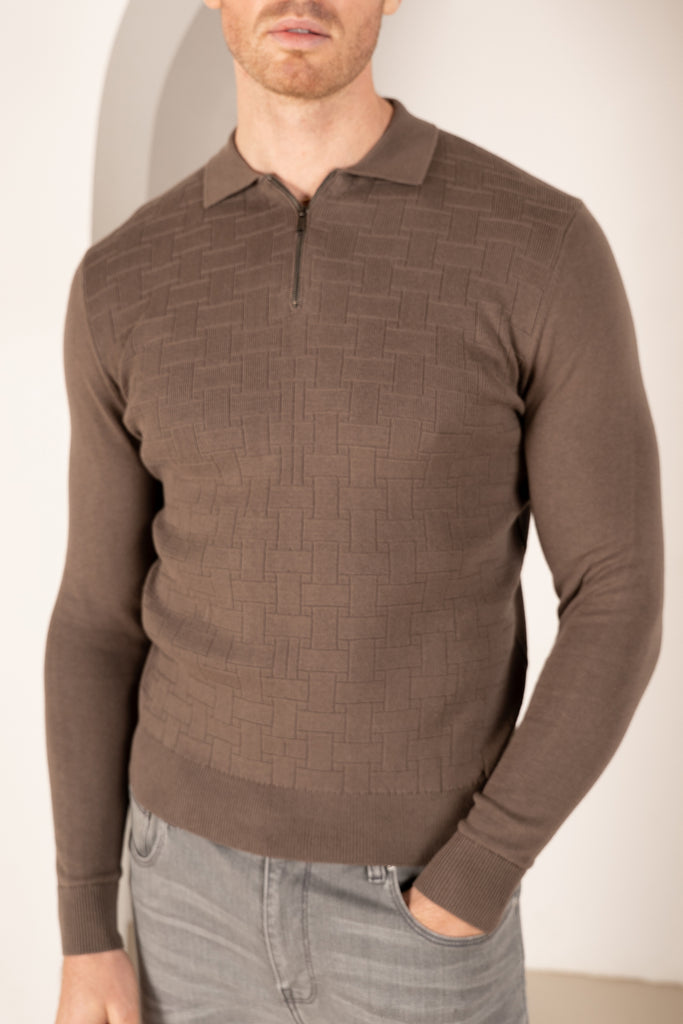 Geometric Long Sleeve Polo - Khaki