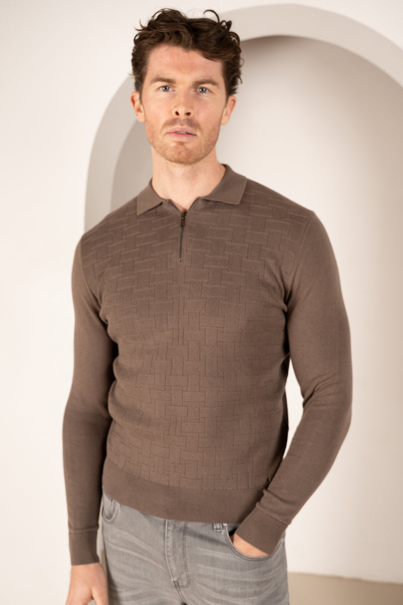 Geometric Long Sleeve Polo - Khaki