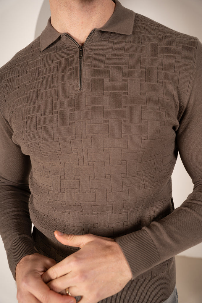 Geometric Long Sleeve Polo - Khaki