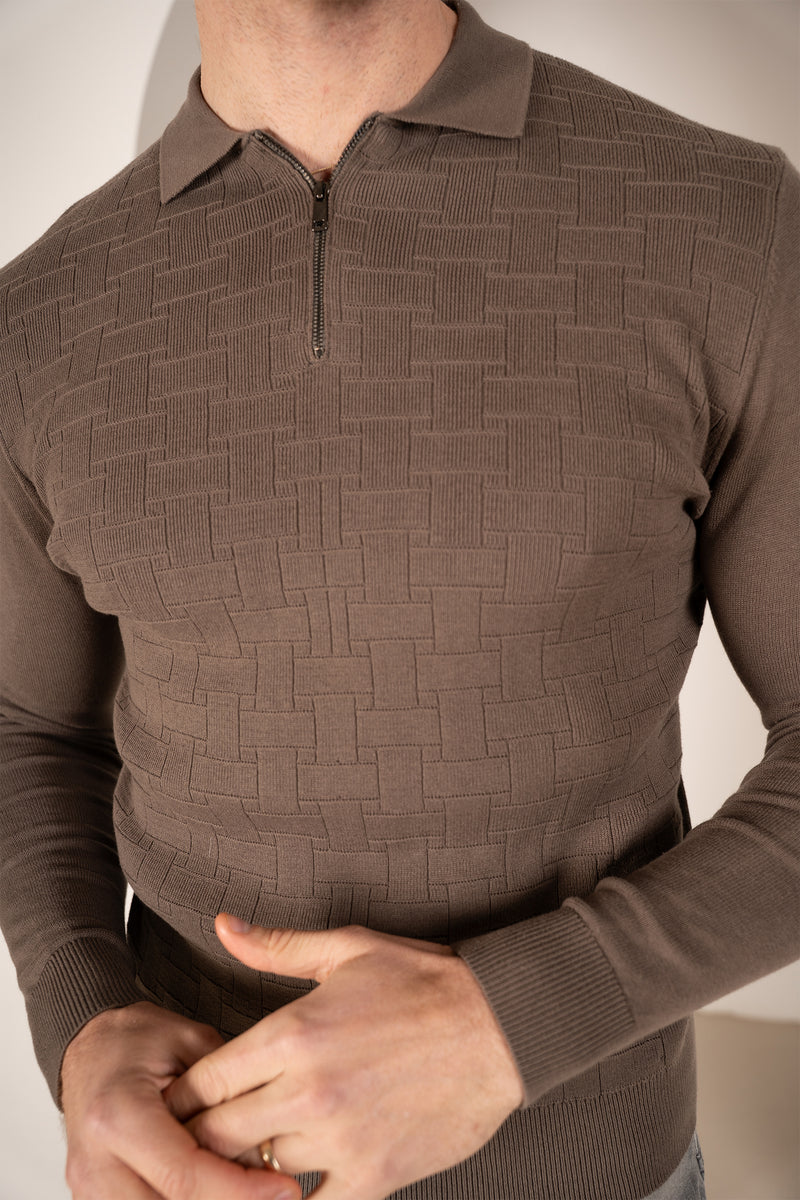 Geometric Long Sleeve Polo - Khaki