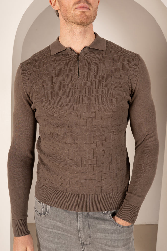 Geometric Long Sleeve Polo - Khaki