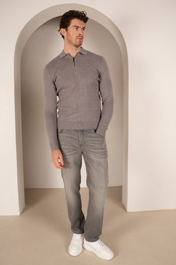 Geometric Long Sleeve Polo - Light Grey