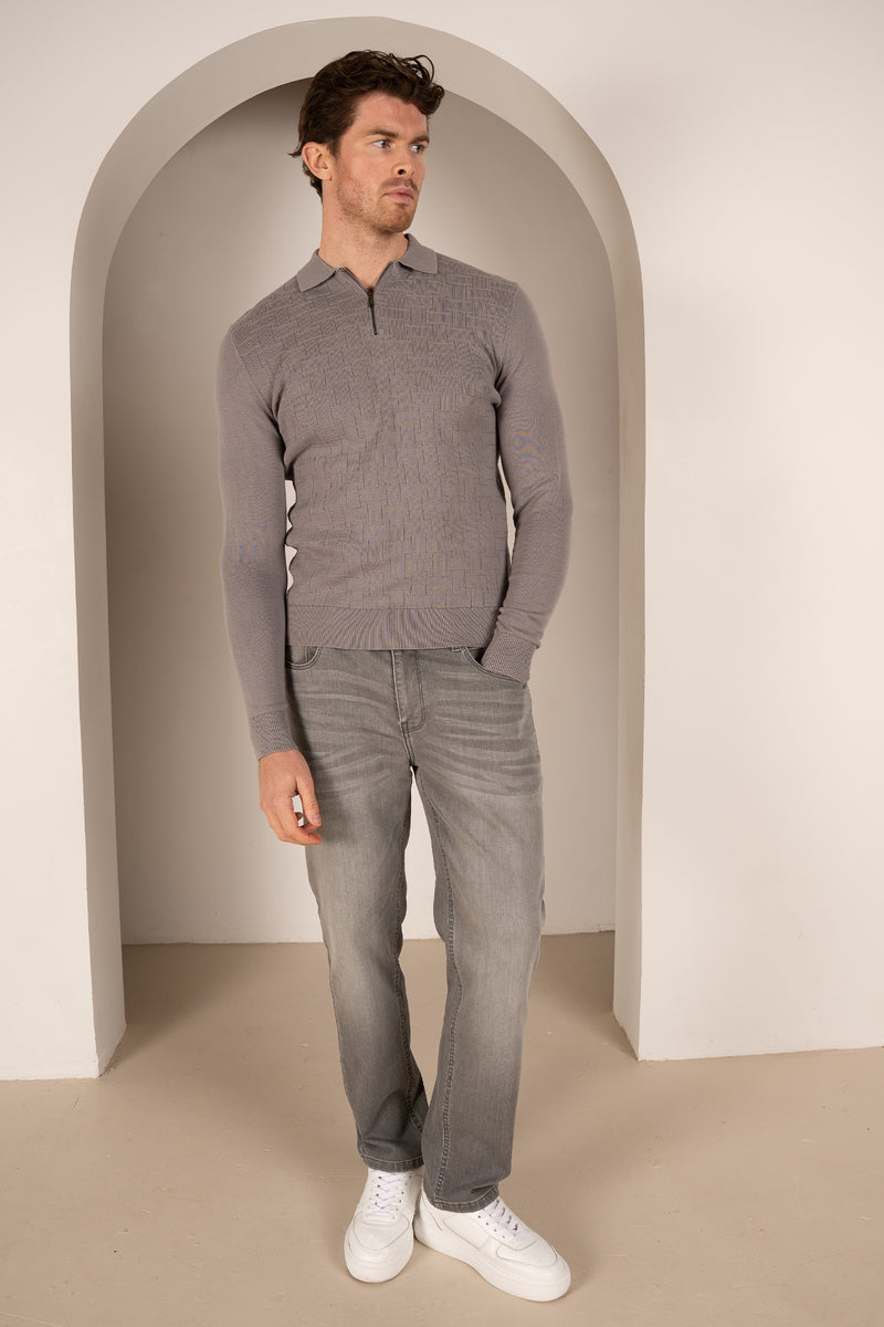 Geometric Long Sleeve Polo - Light Grey