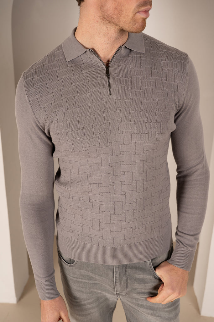 Geometric Long Sleeve Polo - Light Grey
