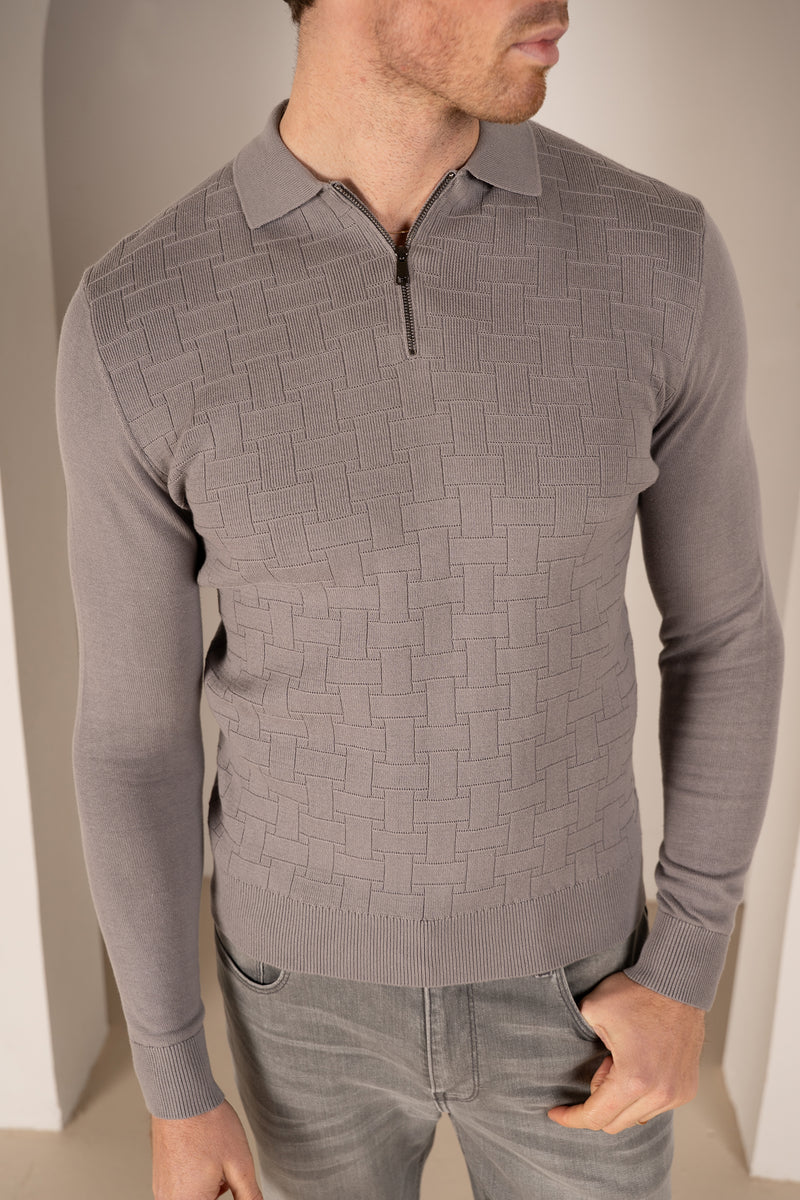 Geometric Long Sleeve Polo - Light Grey