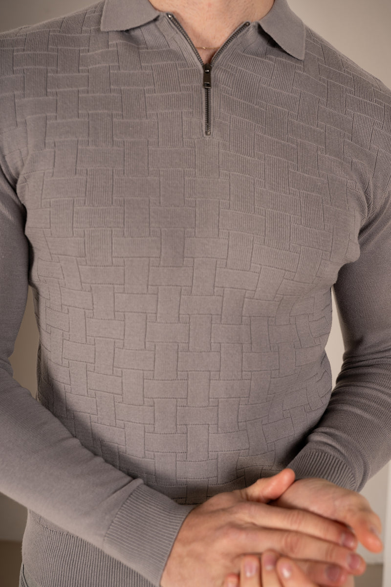 Geometric Long Sleeve Polo - Light Grey