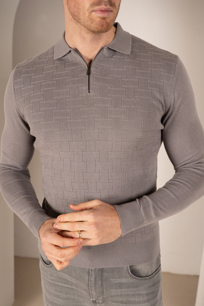 Geometric Long Sleeve Polo - Light Grey