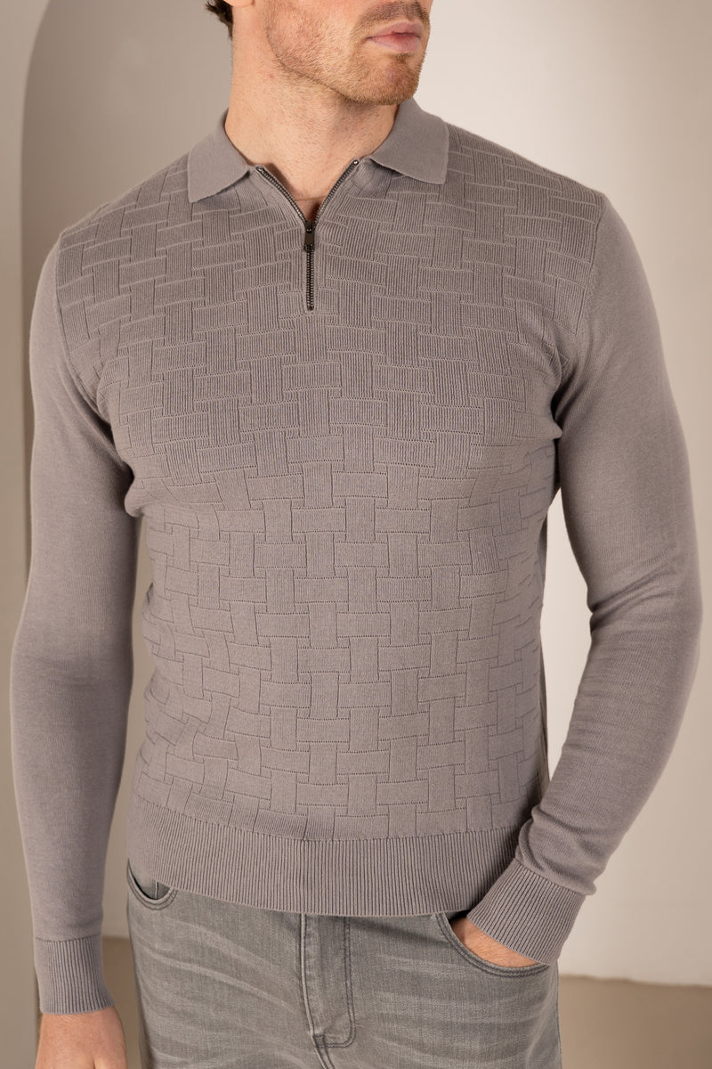Geometric Long Sleeve Polo - Light Grey