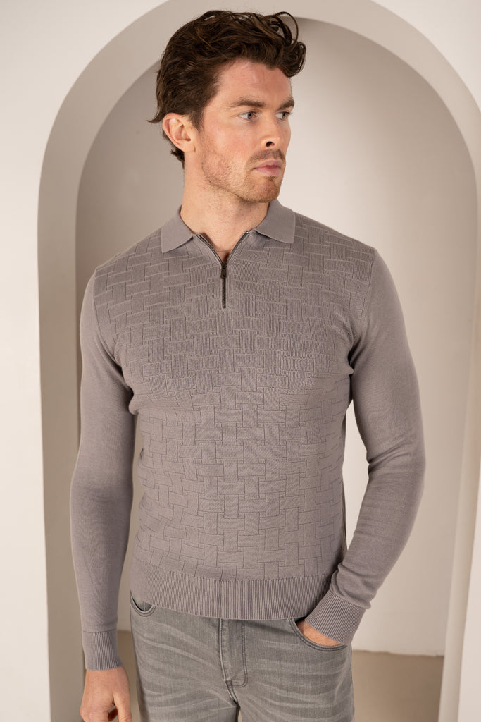Geometric Long Sleeve Polo - Light Grey