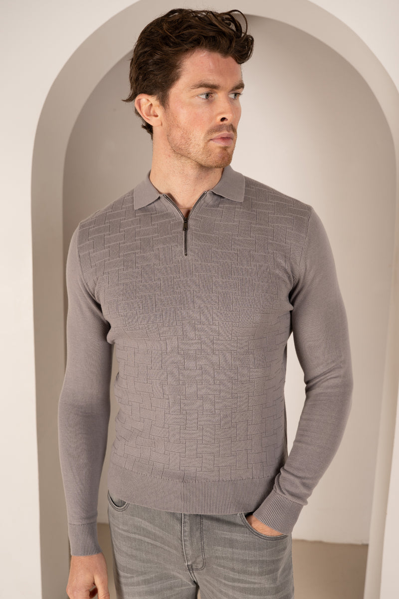 Geometric Long Sleeve Polo - Light Grey