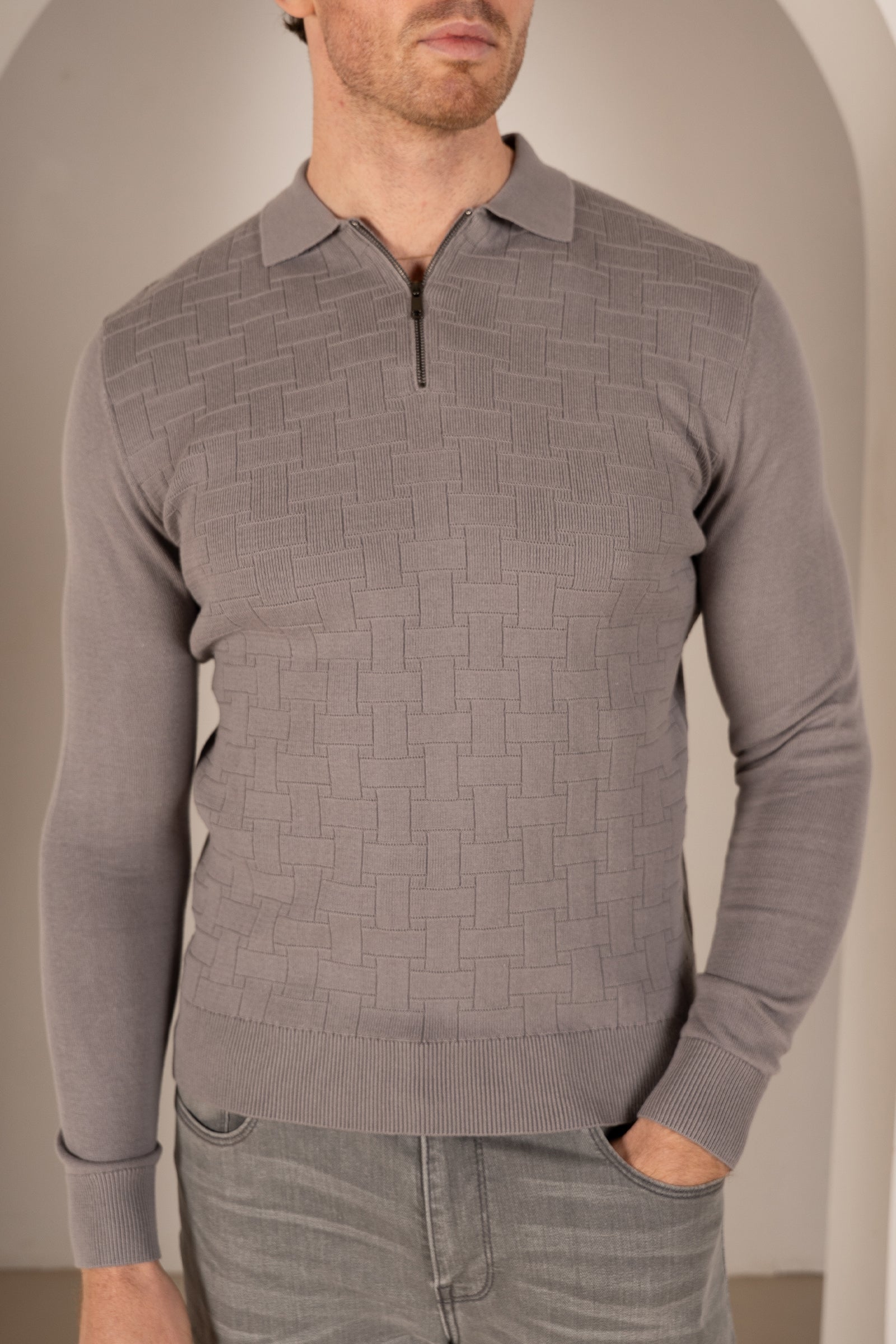 Geometric Long Sleeve Polo - Light Grey