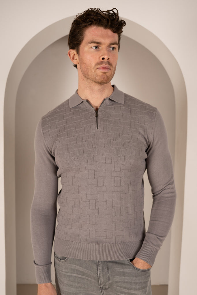 Geometric Long Sleeve Polo - Light Grey
